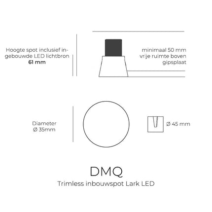 DMQ Trimless inbouwspot Lark IP65 35mm LED Zwart