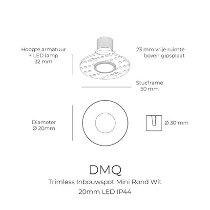 DMQ Trimless inbouwspot Mini Rond Duo Wit 20mm LED IP44